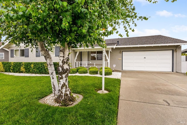 607 Tobin Dr, Vallejo, CA 94589 - view of front of house with stucco siding, a garage, concrete driveway, a front yard, and covered porch