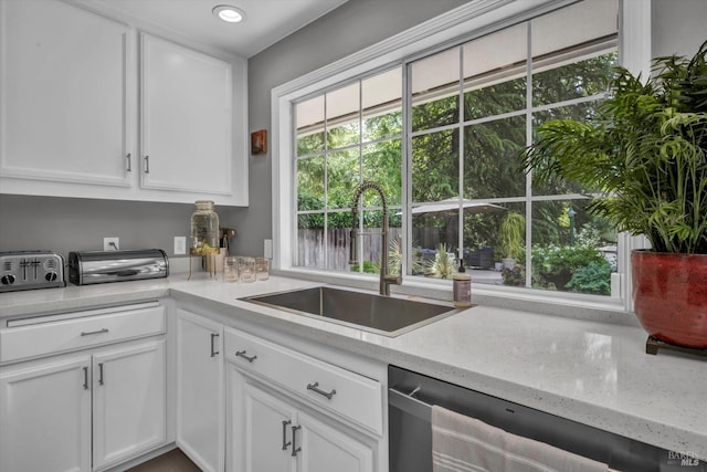3371 Crystal Ct, Napa, CA 94558 - kitchen with dishwasher, a sink, white cabinets, light stone counters, and recessed lighting
