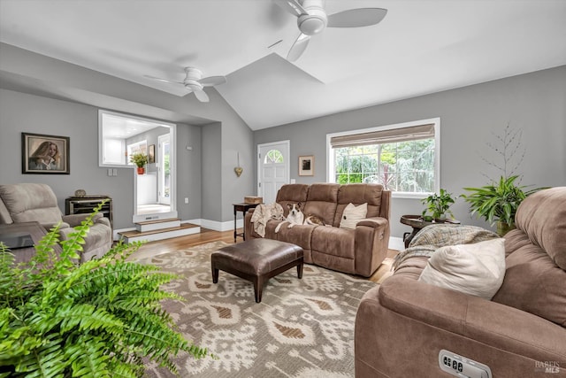 3371 Crystal Ct, Napa, CA 94558 - living area featuring a ceiling fan, vaulted ceiling, wood finished floors, and baseboards