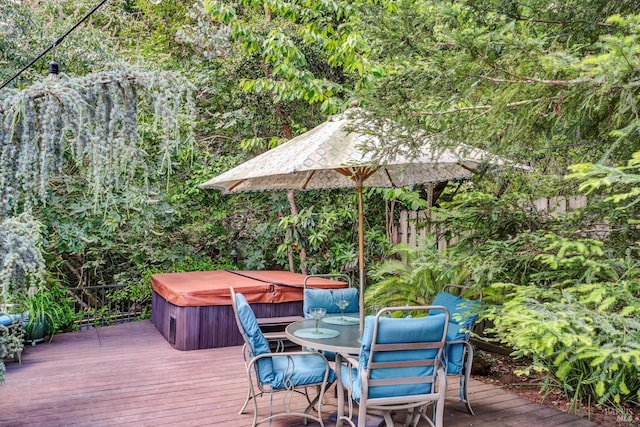 3371 Crystal Ct, Napa, CA 94558 - wooden deck featuring a hot tub and outdoor dining space