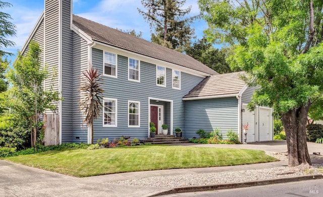 3371 Crystal Ct, Napa, CA 94558 - colonial-style house featuring a chimney, an attached garage, and asphalt driveway