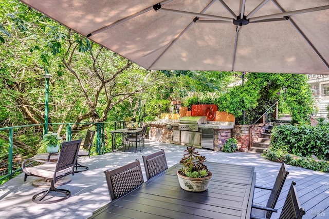 3371 Crystal Ct, Napa, CA 94558 - wooden deck with outdoor dining area, area for grilling, exterior kitchen, and stairs