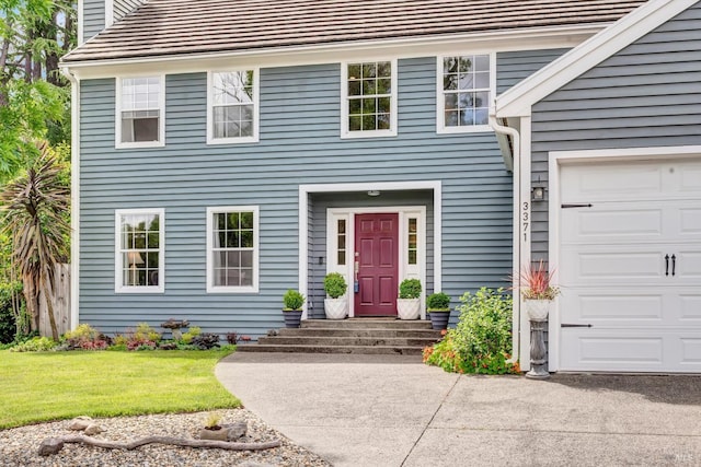 3371 Crystal Ct, Napa, CA 94558 - view of exterior entry with a garage, a chimney, and a yard