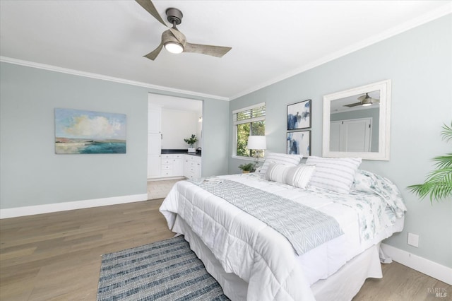 4078 Tokay Dr, Napa, CA 94558 - bedroom featuring ornamental molding, wood finished floors, baseboards, ceiling fan, and ensuite bath