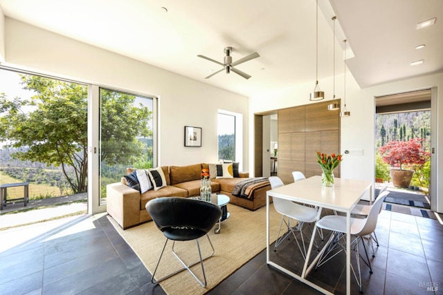 8909 Mill Creek Rd, Healdsburg, CA 95448 - living area with a ceiling fan and dark tile patterned flooring