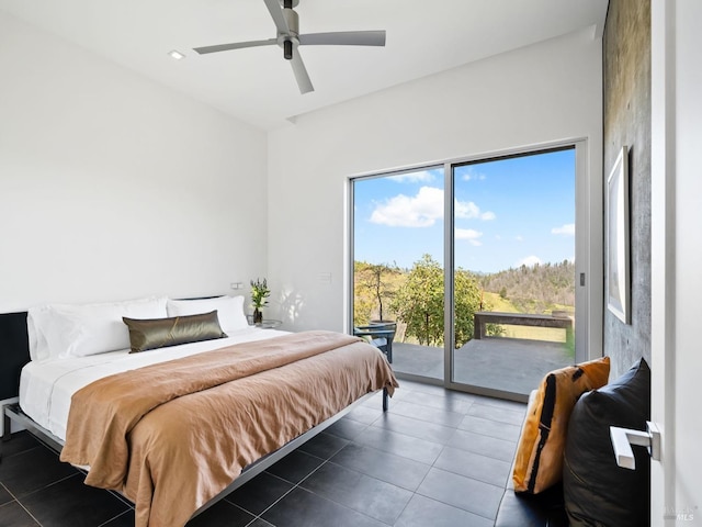 8909 Mill Creek Rd, Healdsburg, CA 95448 - bedroom featuring access to outside, dark tile patterned flooring, and a ceiling fan