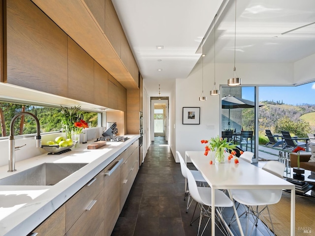 8909 Mill Creek Rd, Healdsburg, CA 95448 - kitchen with modern cabinets, brown cabinets, a sink, and light countertops