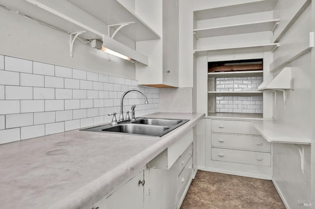 1466 Cooper Rd, Sebastopol, CA 95472 - kitchen with open shelves, a sink, backsplash, and light countertops