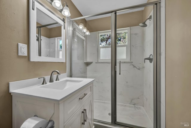 1466 Cooper Rd, Sebastopol, CA 95472 - full bathroom with a marble finish shower, healthy amount of natural light, and vanity