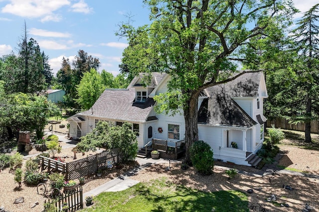 1466 Cooper Rd, Sebastopol, CA 95472 - view of front of property with fence, a shingled roof, and a deck