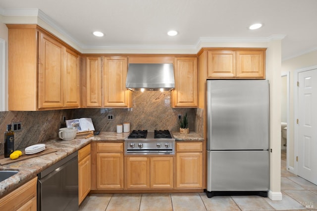 6 Tyler St, Novato, CA 94947 - kitchen with stainless steel appliances, wall chimney range hood, crown molding, light stone counters, and light tile patterned floors