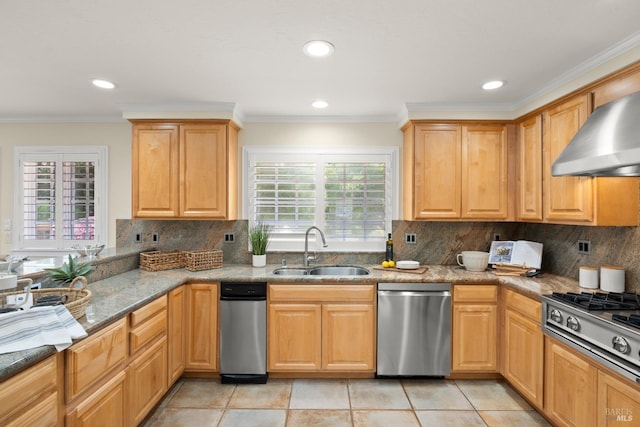 6 Tyler St, Novato, CA 94947 - kitchen with a sink, stainless steel appliances, plenty of natural light, wall chimney exhaust hood, and recessed lighting