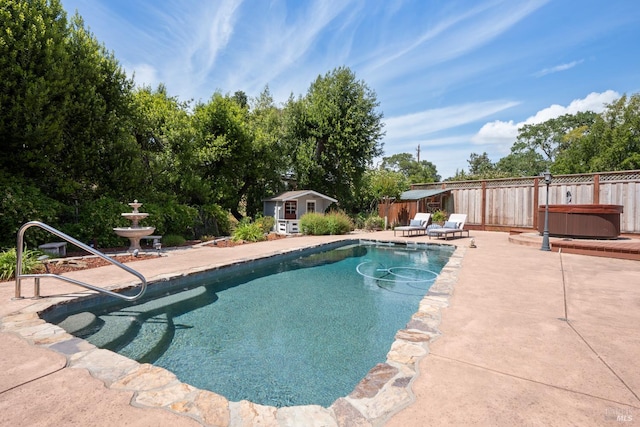 6 Tyler St, Novato, CA 94947 - view of swimming pool featuring a patio, a hot tub, fence, and an outbuilding