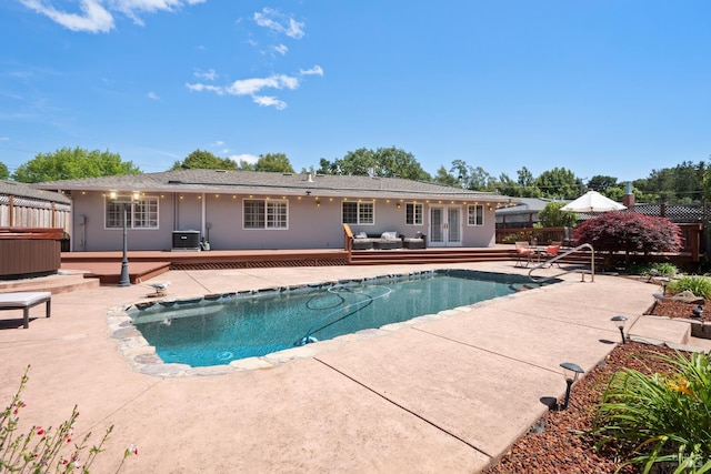 6 Tyler St, Novato, CA 94947 - outdoor pool featuring a hot tub, french doors, a fenced backyard, and a patio area
