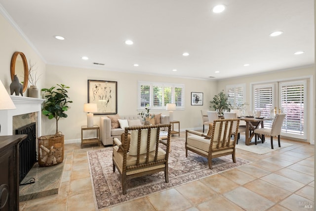6 Tyler St, Novato, CA 94947 - living room featuring ornamental molding, recessed lighting, a high end fireplace, and baseboards