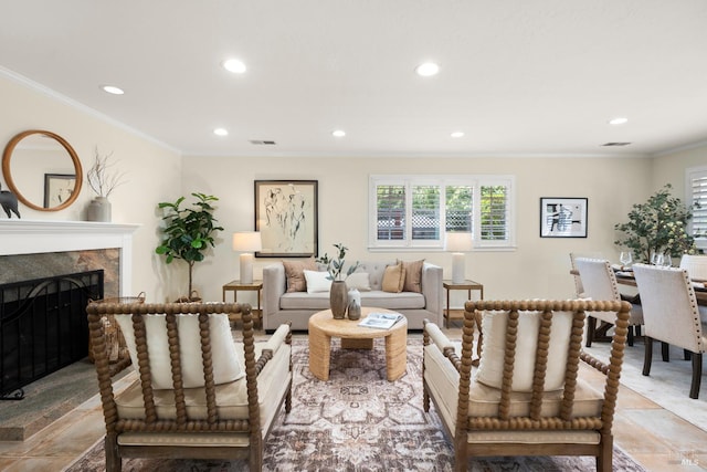 6 Tyler St, Novato, CA 94947 - living room featuring recessed lighting, a fireplace, and ornamental molding