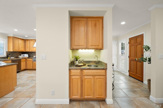 6 Tyler St, Novato, CA 94947 - kitchen with a sink, dishwasher, crown molding, decorative backsplash, and recessed lighting