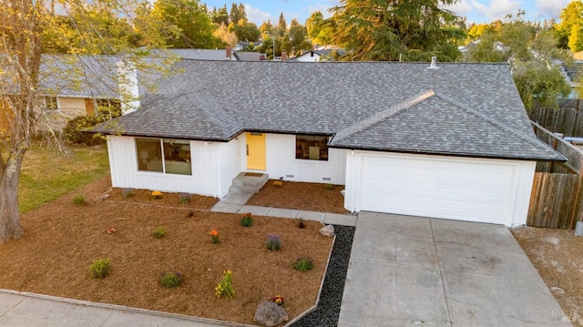 8017 Washington Ave, Sebastopol, CA 95472 - view of front facade with a shingled roof, a garage, driveway, fence, and a chimney