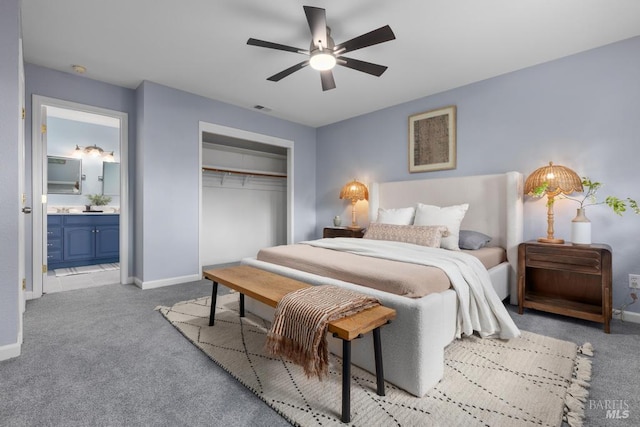 2835 Owens St, Fairfield, CA 94534 - carpeted bedroom featuring a closet, baseboards, ensuite bath, and ceiling fan