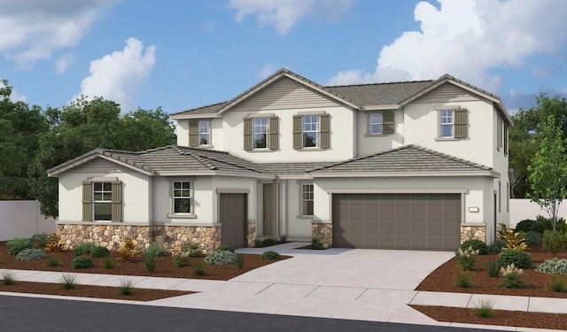 2009 Gentle Rain Dr, Roseville, CA 95747 - view of front of home with stone siding, a garage, concrete driveway, a tiled roof, and stucco siding