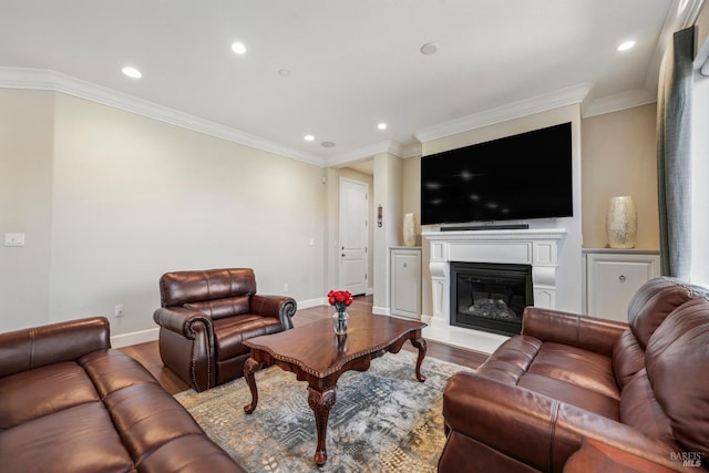 2056 Parsons Dr, Fairfield, CA 94533 - living room with wood finished floors, recessed lighting, a glass covered fireplace, baseboards, and ornamental molding