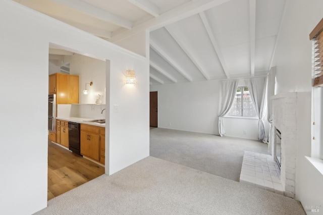 2889 Keller Ct, Napa, CA 94558 - unfurnished living room with light carpet, a fireplace, and a sink