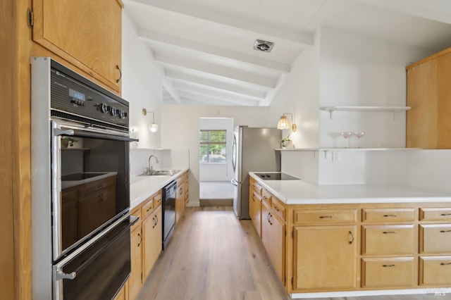 2889 Keller Ct, Napa, CA 94558 - kitchen featuring open shelves, black appliances, a sink, light wood-style floors, and light countertops