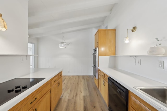 2889 Keller Ct, Napa, CA 94558 - kitchen featuring black appliances, light wood-type flooring, beam ceiling, light countertops, and hanging light fixtures