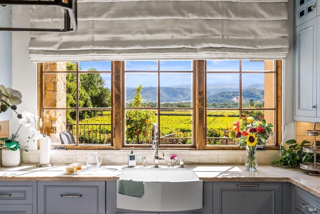 7035 Silverado Trl, Napa, CA 94558 - kitchen featuring a sink, a mountain view, gray cabinetry, tasteful backsplash, and plenty of natural light