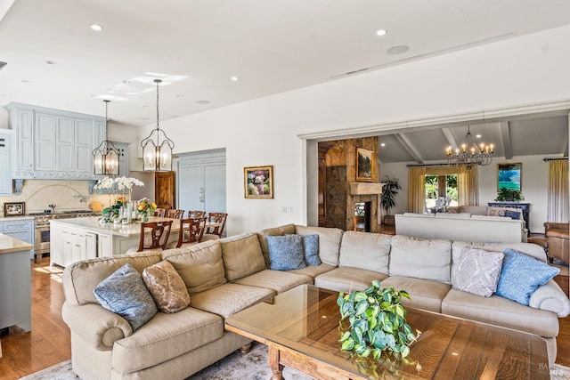7035 Silverado Trl, Napa, CA 94558 - living room with a chandelier, wood finished floors, and recessed lighting