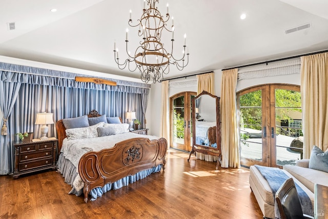 7035 Silverado Trl, Napa, CA 94558 - bedroom featuring french doors, access to outside, a chandelier, wood finished floors, and recessed lighting