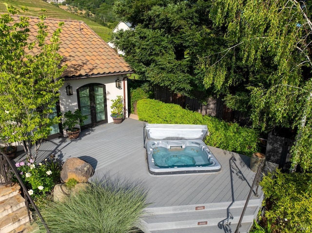 7035 Silverado Trl, Napa, CA 94558 - wooden deck with a covered hot tub and french doors