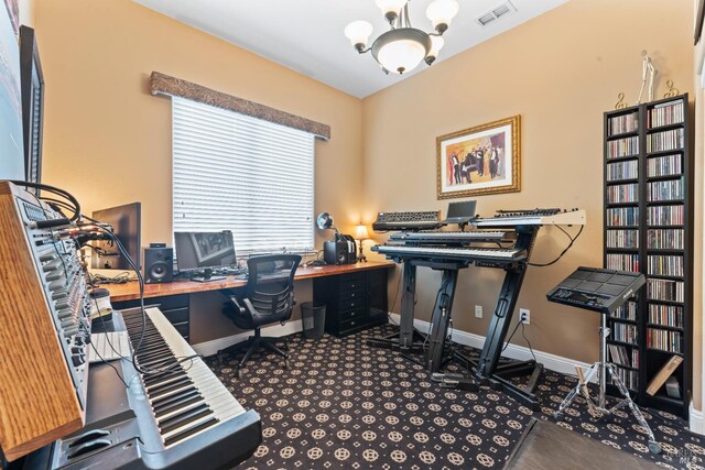 1261 Landmark Dr, Vallejo, CA 94591 - office area featuring a chandelier, baseboards, and carpet flooring