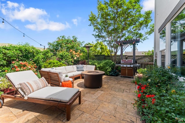 1261 Landmark Dr, Vallejo, CA 94591 - view of patio featuring grilling area, an outdoor living space with a fire pit, and fence