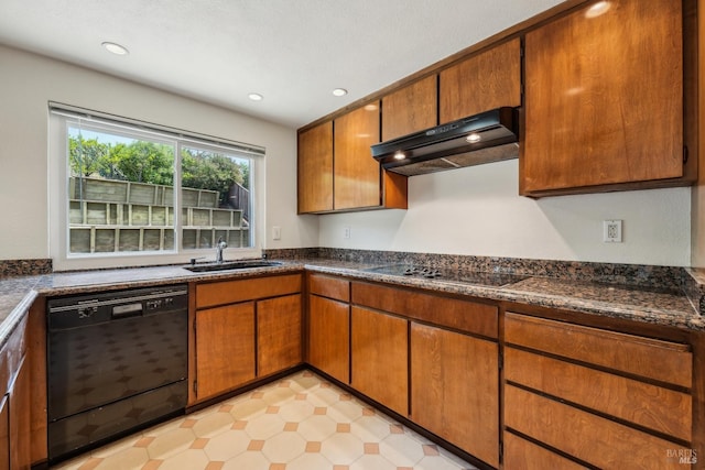 543 Sandy Way, Benicia, CA 94510 - kitchen with black appliances, a sink, under cabinet range hood, recessed lighting, and brown cabinets