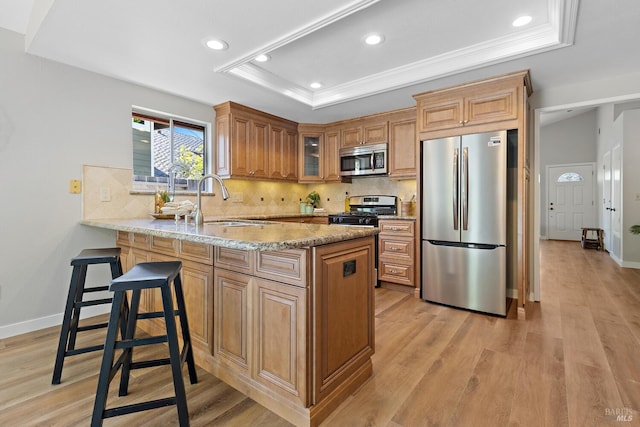 358 Paddlewheel Dr, Vallejo, CA 94591 - kitchen featuring stainless steel appliances, a raised ceiling, a sink, a peninsula, and recessed lighting