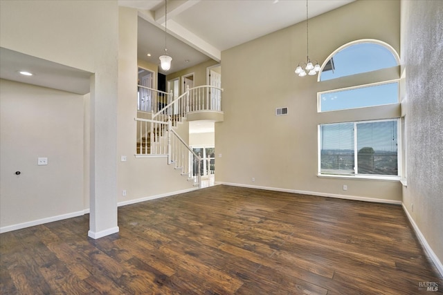 149 Countryview Ct, Vallejo, CA 94591 - unfurnished living room featuring a high ceiling, beamed ceiling, stairs, wood finished floors, and a chandelier