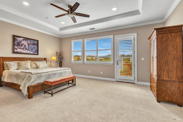 819 Bridle Ridge Dr, Fairfield, CA 94534 - bedroom featuring a tray ceiling, access to exterior, light colored carpet, crown molding, and baseboards
