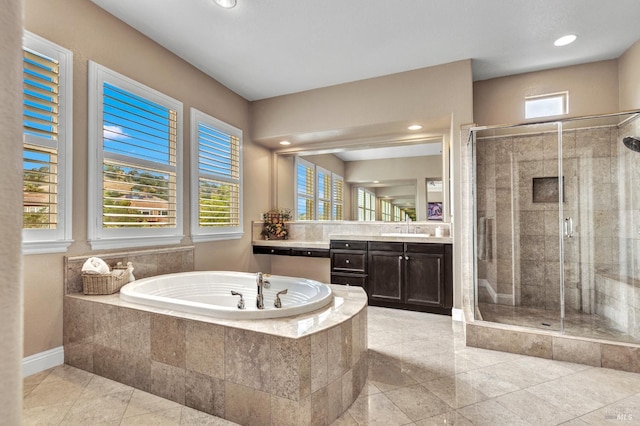 819 Bridle Ridge Dr, Fairfield, CA 94534 - bathroom with a shower stall, a bath, vanity, recessed lighting, and baseboards
