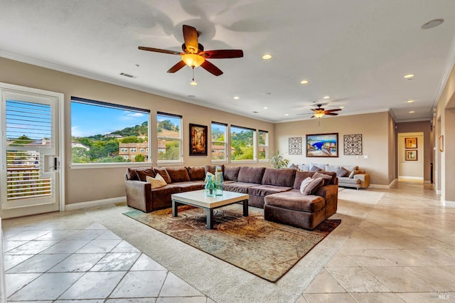 819 Bridle Ridge Dr, Fairfield, CA 94534 - living area featuring a ceiling fan, healthy amount of natural light, crown molding, baseboards, and recessed lighting