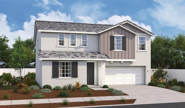 9008 Black Opal Cir, Roseville, CA 95747 - traditional-style home with fence, concrete driveway, an attached garage, and board and batten siding