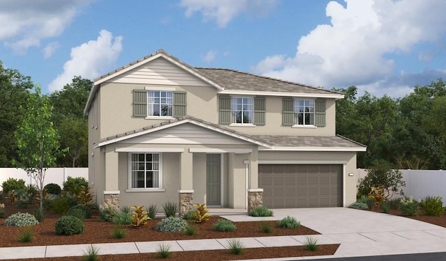 5057 Green Feather Way, Roseville, CA 95747 - view of front of house with a garage, driveway, stucco siding, and covered porch