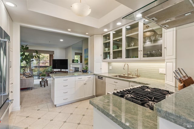 1910 Mar W St, Tiburon, CA 94920 - kitchen featuring a sink, appliances with stainless steel finishes, a peninsula, light stone counters, and recessed lighting