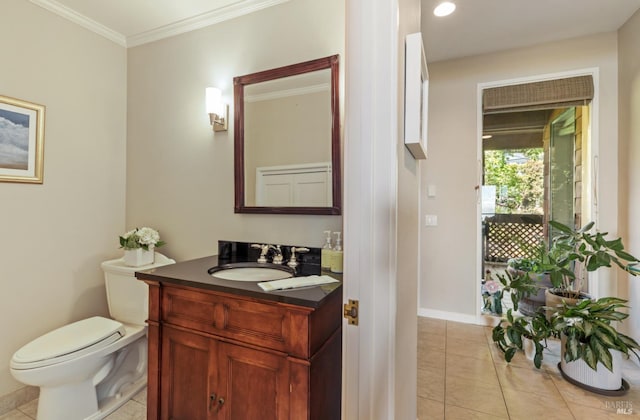 1910 Mar W St, Tiburon, CA 94920 - bathroom featuring vanity, tile patterned floors, toilet, crown molding, and baseboards