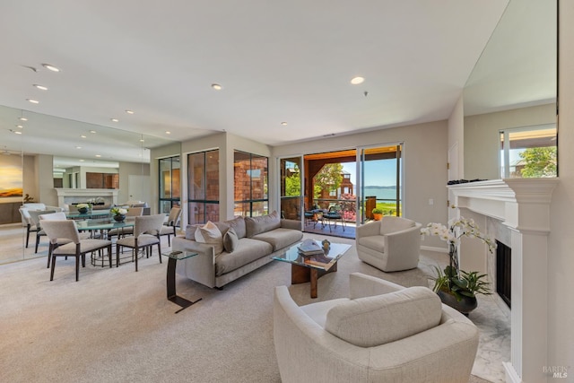 1910 Mar W St, Tiburon, CA 94920 - living room with a fireplace, recessed lighting, and light colored carpet