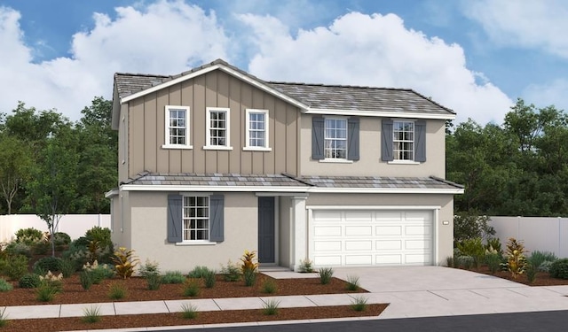 516 Grazing Ranch Rd, Roseville, CA 95747 - view of front facade with driveway, fence, board and batten siding, a garage, and stucco siding