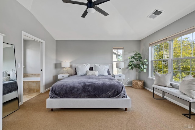 2817 Windmill Dr, Santa Rosa, CA 95403 - bedroom featuring carpet, vaulted ceiling, multiple windows, baseboards, and connected bathroom