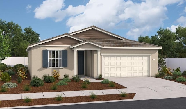 6296 Grazing Ranch Rd, Roseville, CA 95747 - ranch-style house featuring driveway, fence, a garage, stucco siding, and a tiled roof