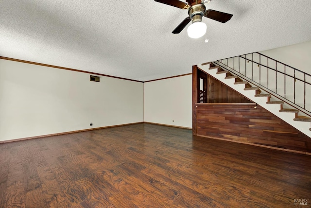 970 El Camino Ave Unit 3, Vacaville, CA 95688 - unfurnished living room featuring a textured ceiling, wood finished floors, a ceiling fan, ornamental molding, and stairs