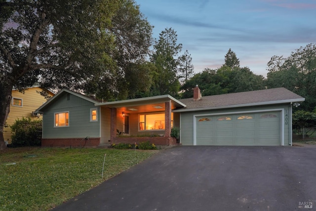 1400 High School Rd, Sebastopol, CA 95472 - single story home with driveway, a porch, a garage, a front yard, and a chimney
